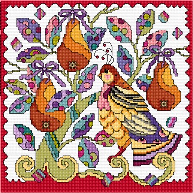 Decorative cross stitch design of the partridge in a pear tree