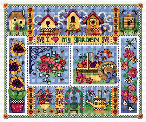 This cross stitch garden sampler is made up of small floral pictures