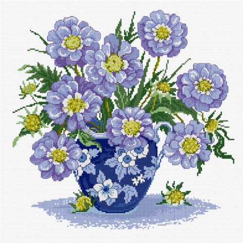 Cross stitch summer scabious in a dark blue oriental vase