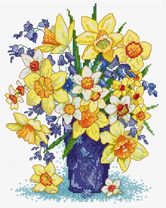 Bright and cheerful spring flowers in cross stitch