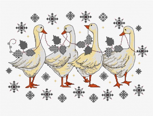Blackwork and cross stitch Christmas geese