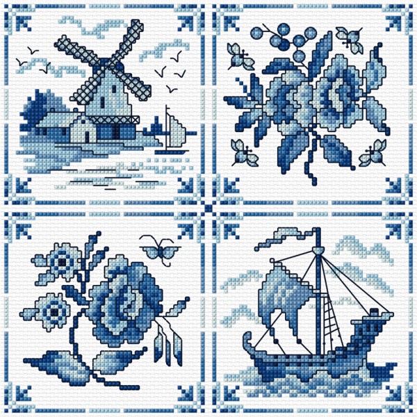 Cross stitch blue and white tiles