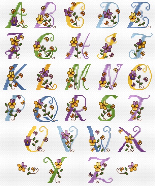 Cross stitch alphabet with pansies & violets