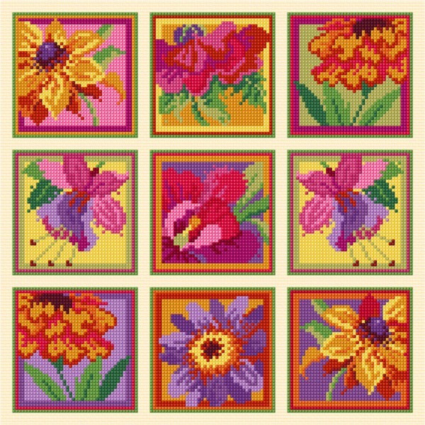 colourful florals in cross stitch
