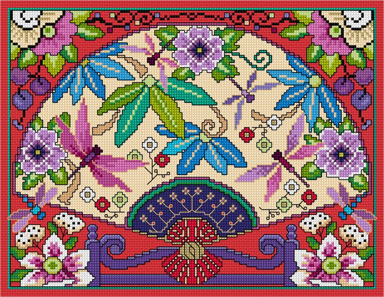 LJT347 Oriental floral fan illustration 5218