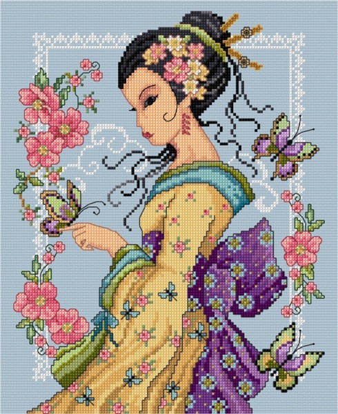 Oriental lady with butterfly in cross stitch